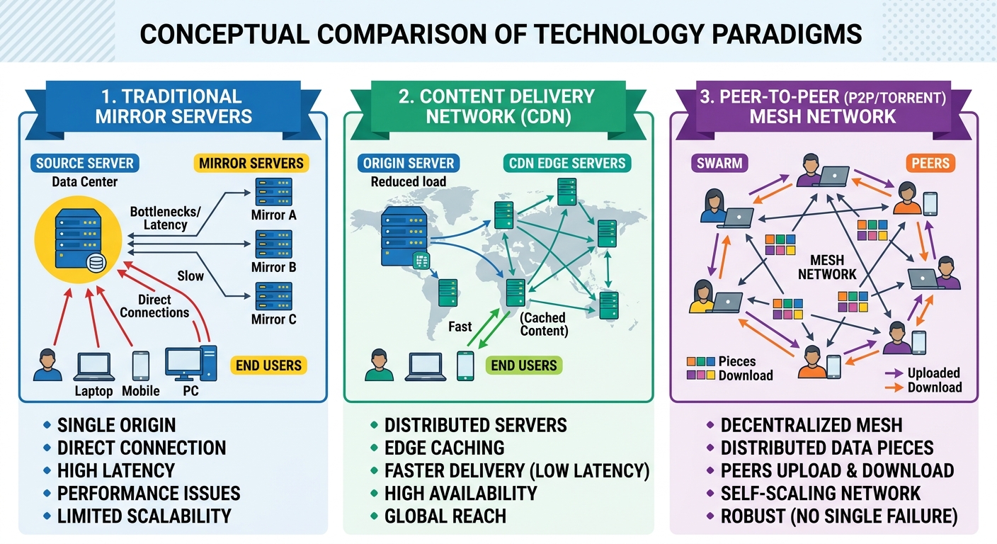 Comparison of traditional mirrors, CDN edge caching, cloud object storage, and peer-to-peer distribution.