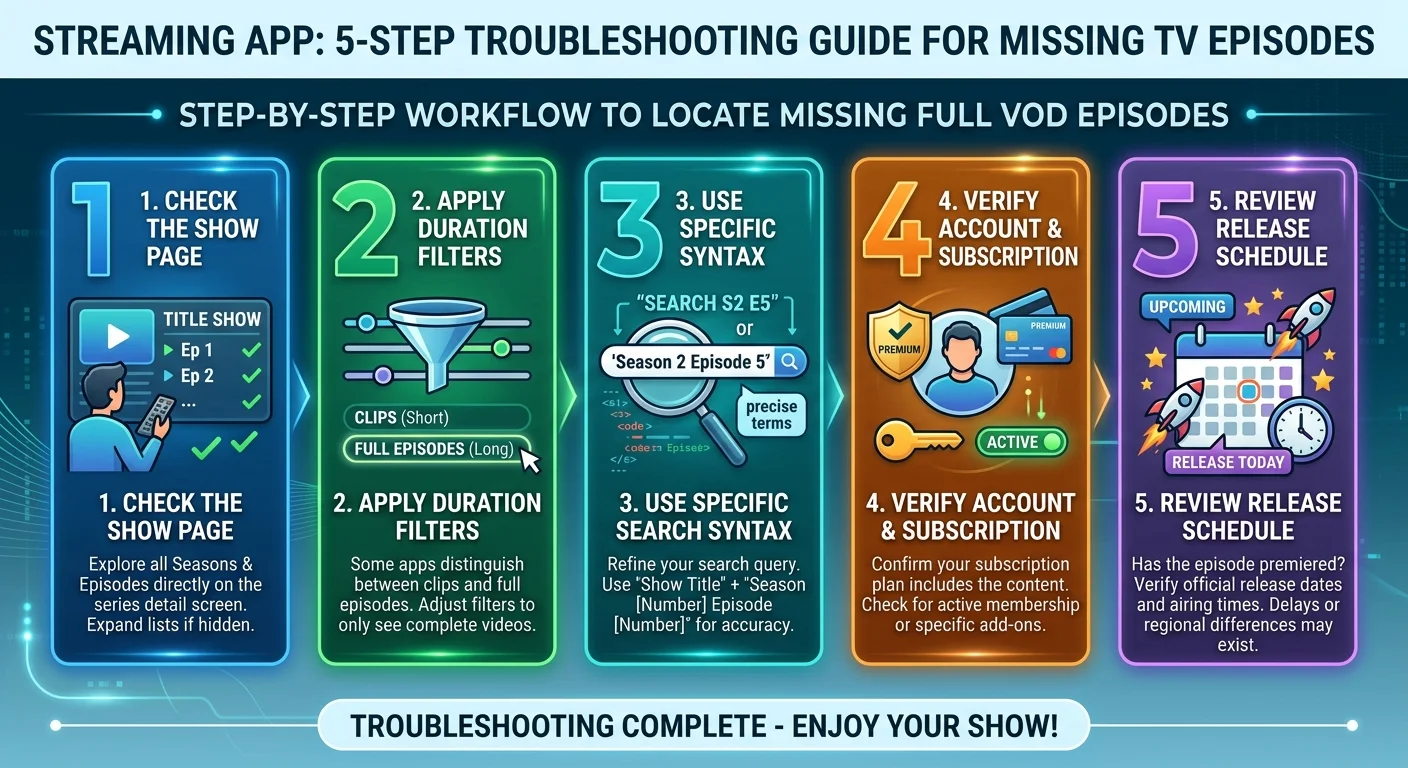 Step-by-step troubleshooting workflow for missing full VOD episodes