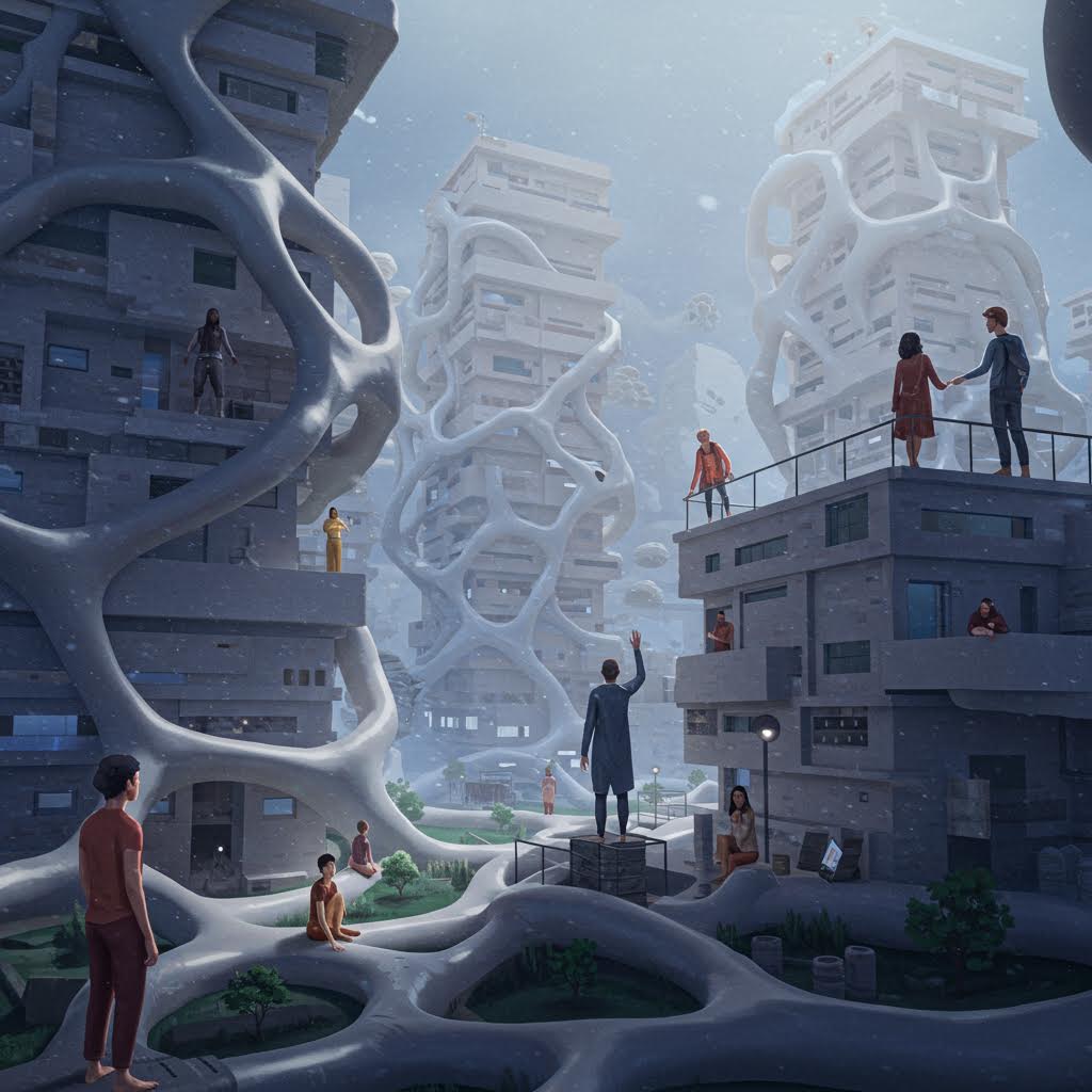 거대한 흰색 나선형 구조물로 연결된 미래형 건축물 사이에 다양한 플랫폼에 서 있는 사람들이 있는 초현실적 도시 풍경