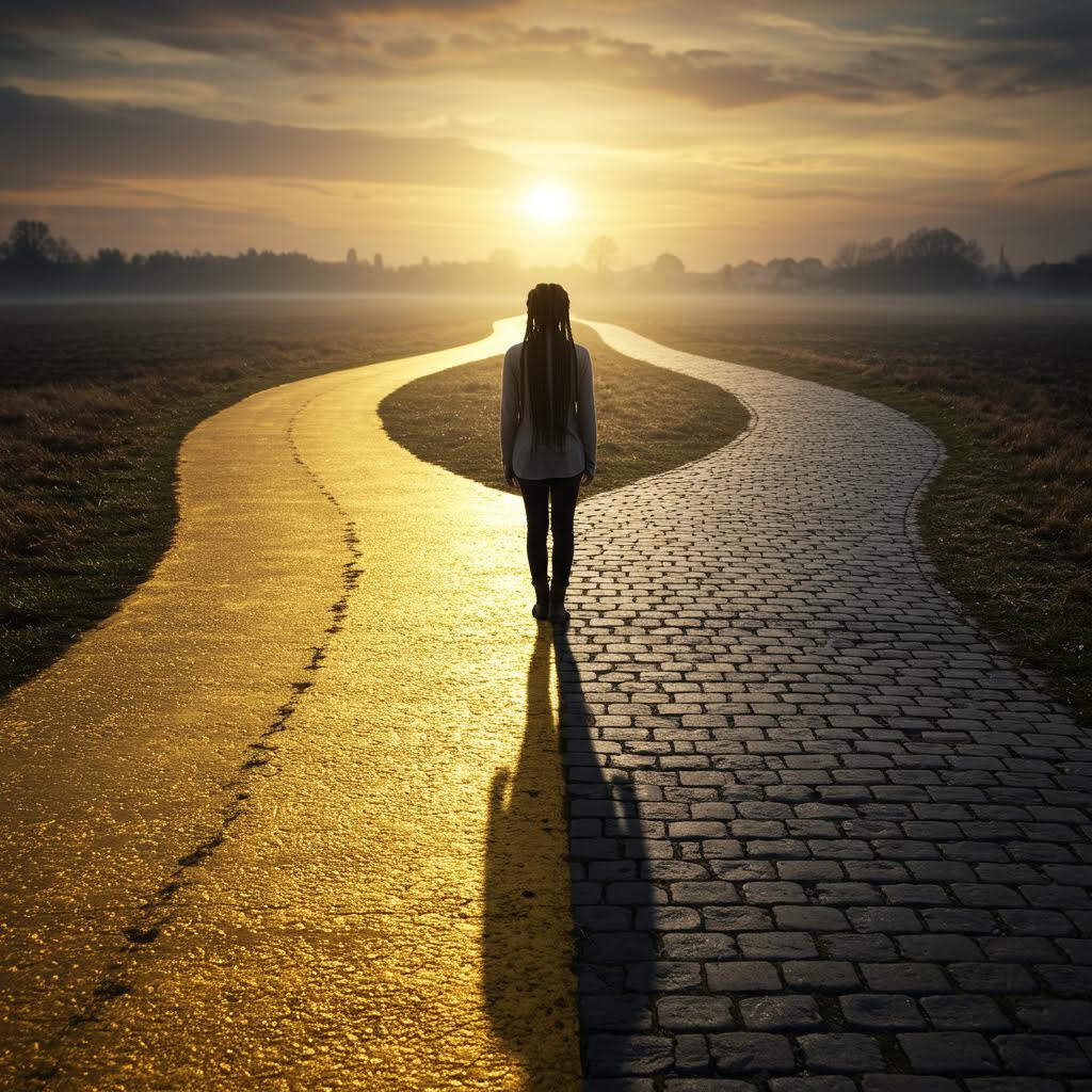 일몰을 향해 금색과 회색 돌로 포장된 두 갈래 길의 교차점에 서 있는 여성의 실루엣을 보여주는 선택과 여정의 개념적 이미지