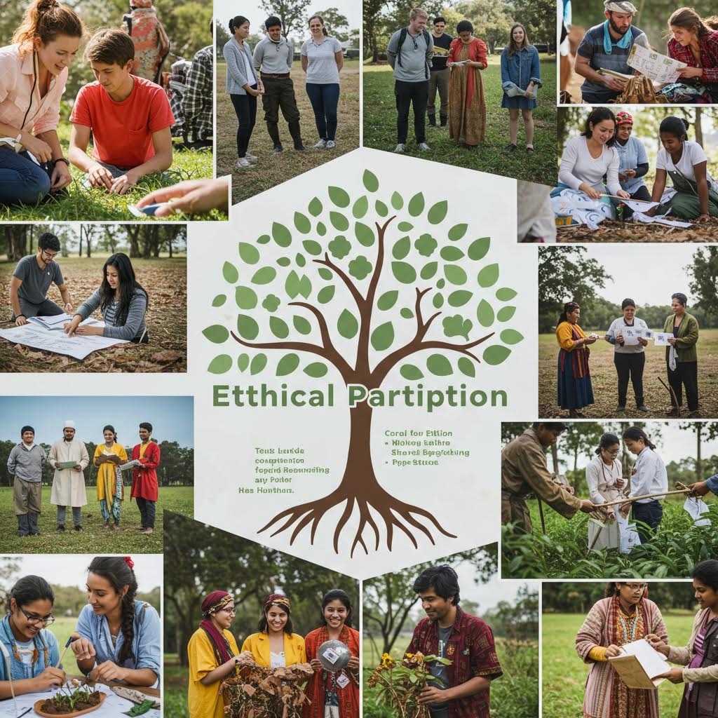 온카스터디 윤리적 참여: 나무 뿌리 아래 Ethical Participation 문구와 주변에서 활동하는 다양한 사람들 사진 콜라주.