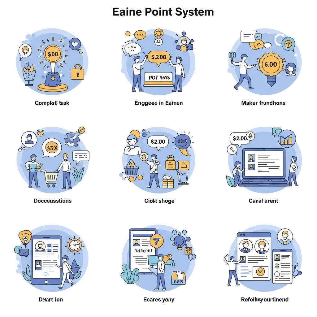여러 활동(과제 완료, 참여, 쇼핑, 문서 검토 등)에 따라 포인트를 적립하는 포인트 시스템을 일러스트로 설명한 이미지