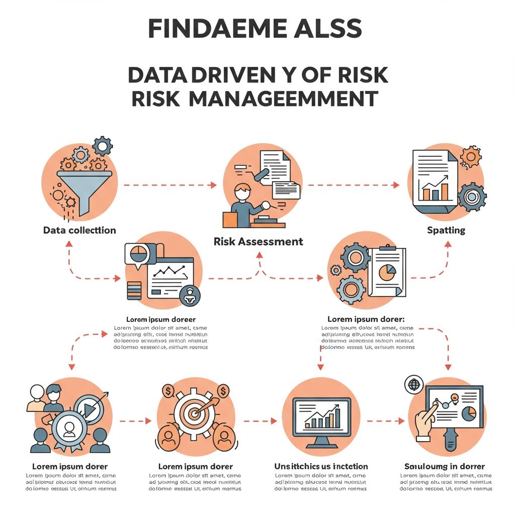 데이터 수집부터 위험 평가, 전략 실행까지의 리스크 관리 워크플로를 아이콘과 단계별 일러스트로 시각화한 인포그래픽