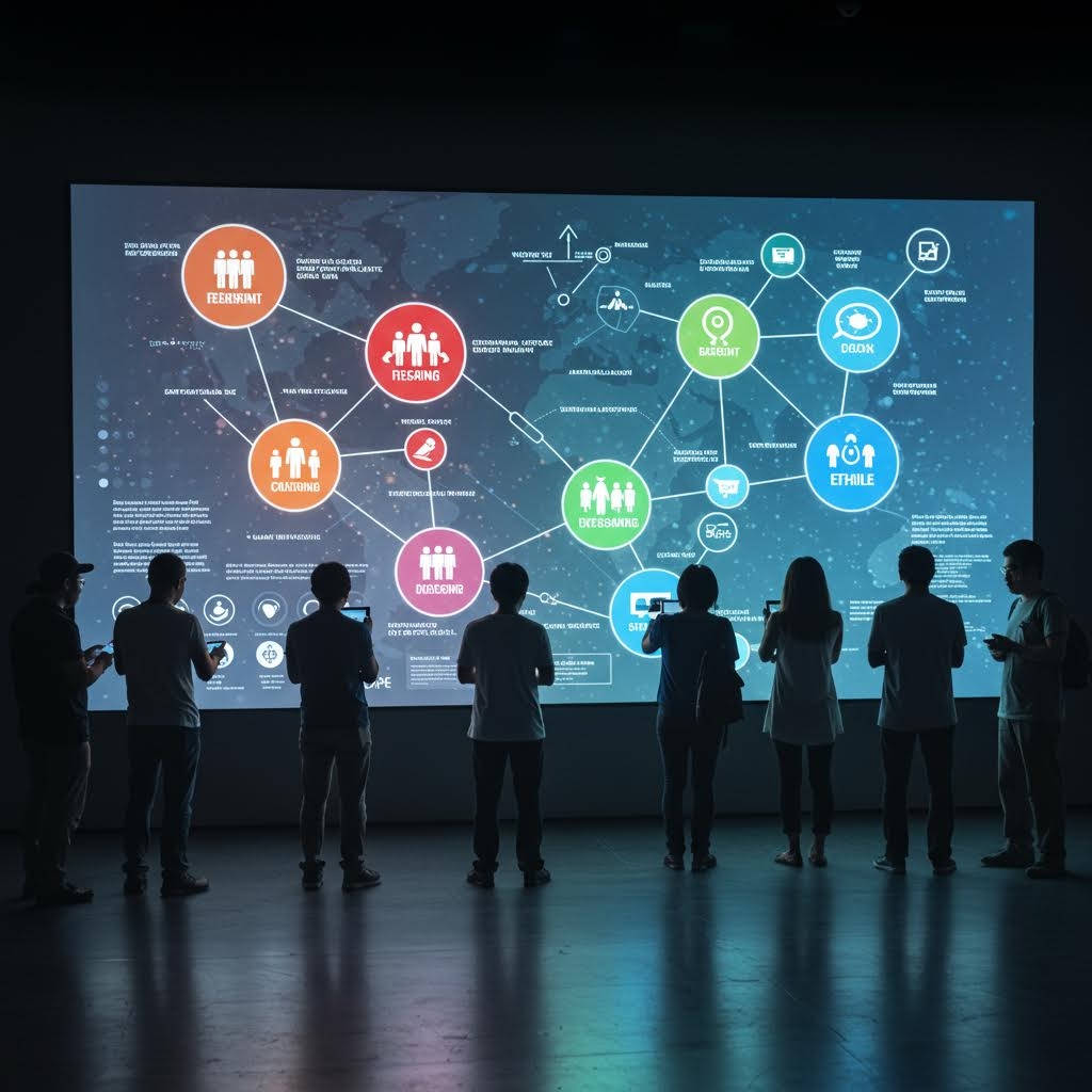 온카스터디 인터랙티브 데이터 월: 대형 화면 앞에서 스마트폰으로 연결된 사용자들이 실시간 네트워크 맵을 탐색하는 장면.