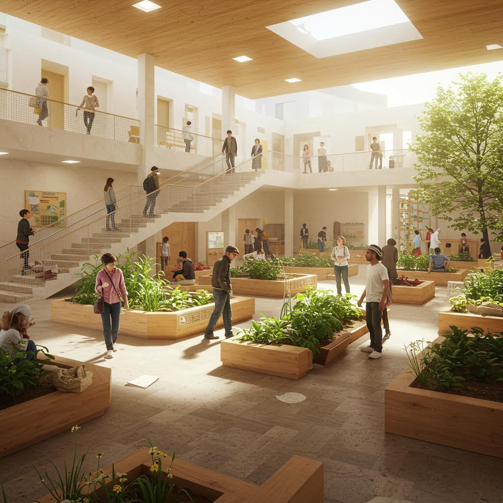 온카스터디 실내 그린 스페이스: 천장 채광 아래 화단과 계단이 어우러진 다층 커뮤니티 학습·활동 공간.