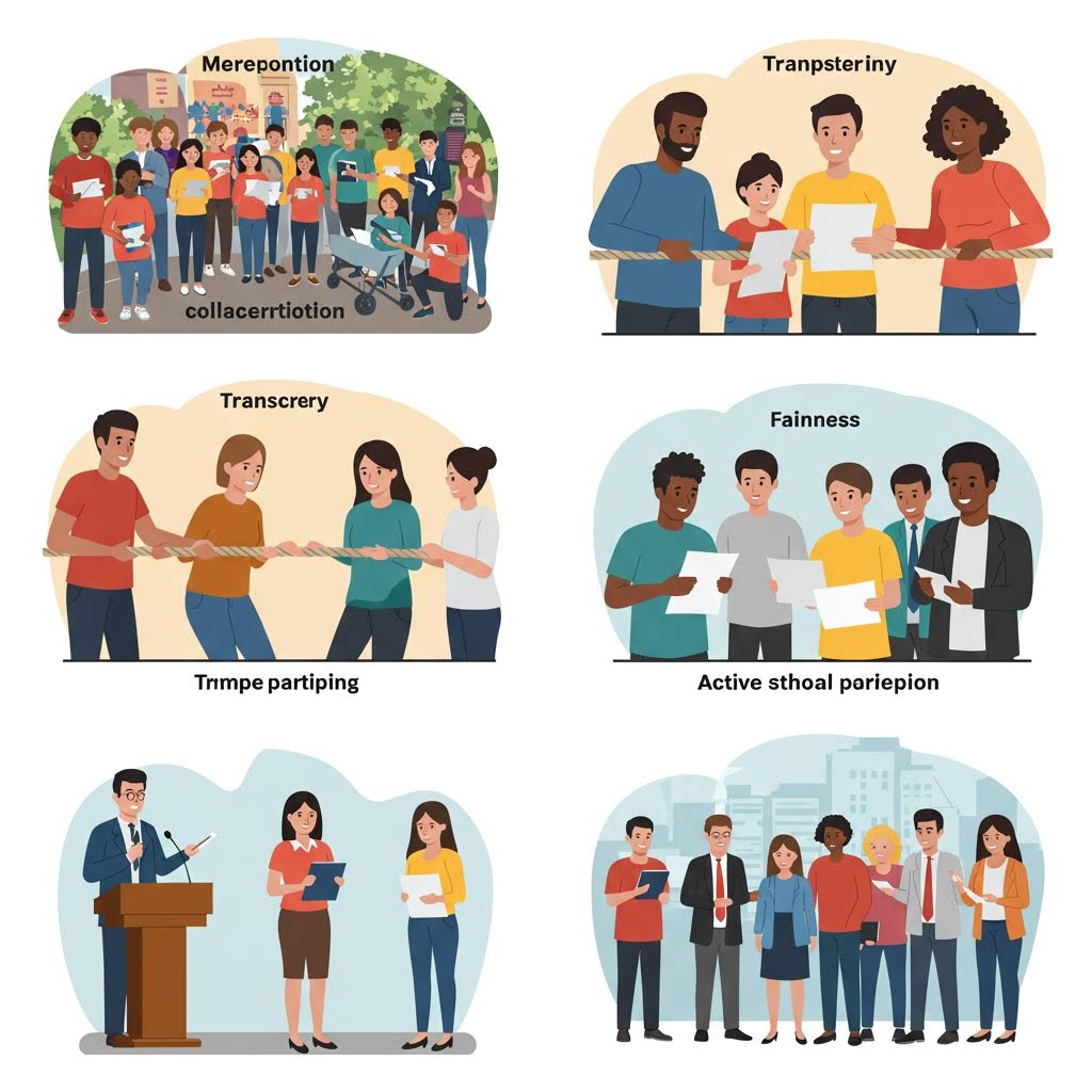 6개 일러스트: 서류 교환·줄다리기·연설·학교 참여 등, 'Merepontion', 'Transparency', 'Fairness', 'Active school participation'으로 공정 참여를 나타낸 개념도.