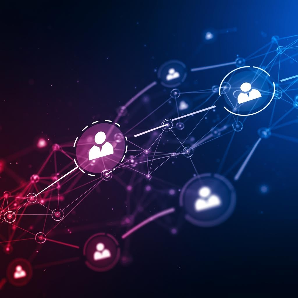 온카스터디 디지털 네트워킹: 빛나는 선으로 연결된 사용자 아이콘들이 형성한 추상적 소셜 네트워크 그래픽.