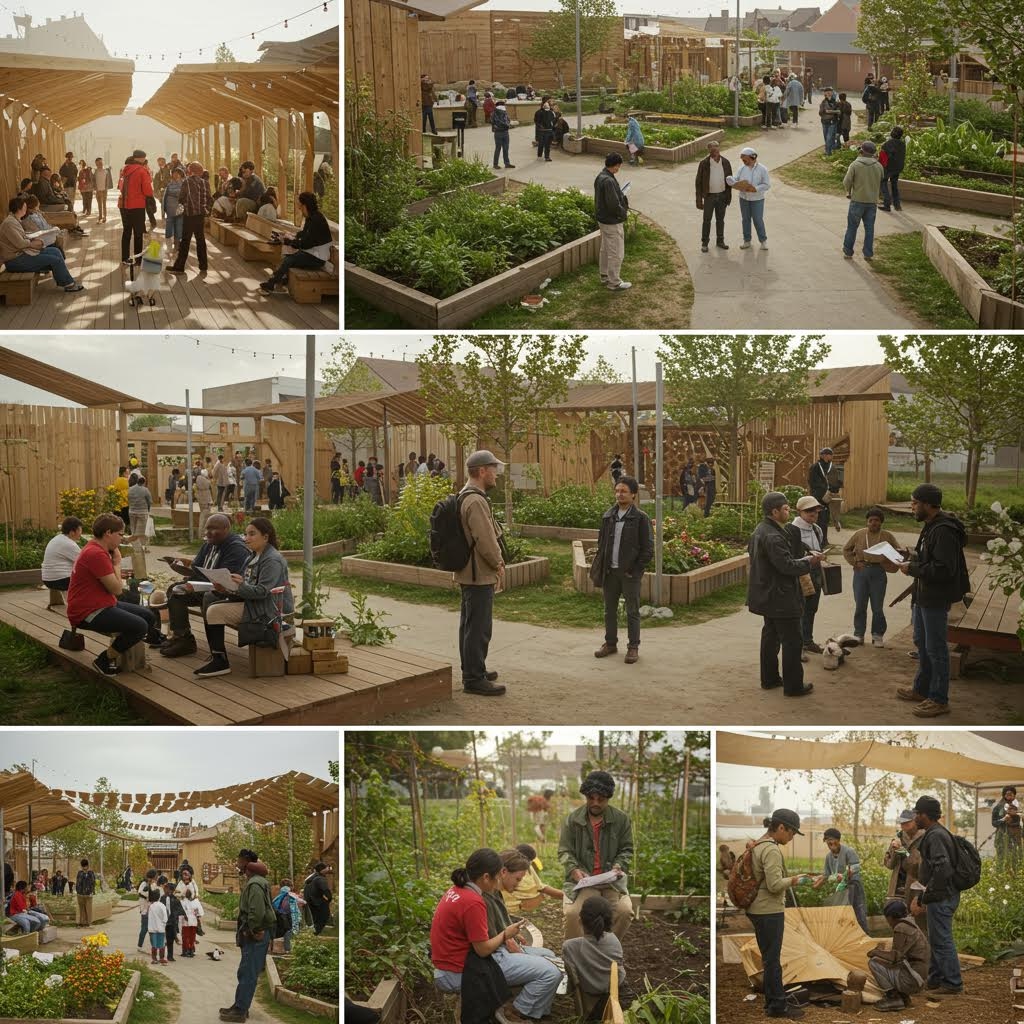 온카스터디 커뮤니티 정원: 목재 구조 쉼터와 화단에서 사람들끼리 교류하며 학습과 활동을 공유하는 현장 콜라주.