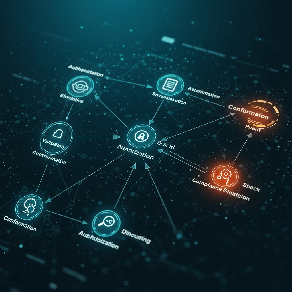 온카스터디 인증 네트워크: 중앙 Authorization에서 방사형으로 연결된 검증, 승인, 준수 단계의 디지털 맵.