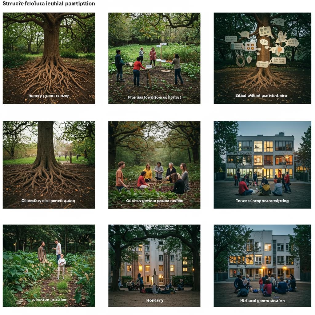 9개 그리드 사진: 나무 뿌리·숲속 토론·말풍선 나무·피크닉·건물 앞 모임 등, 자연과 커뮤니티 참여를 상징하는 'Structural Participation' 개념 이미지.
