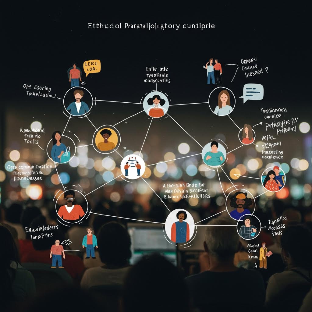 야간 도시 불빛 배경에 12명 사람 아이콘이 선으로 연결, 'Open Communication'·'Equality Access Tools'·'Fairness' 등 윤리적 참여 원칙이 적힌 다이어그램.
