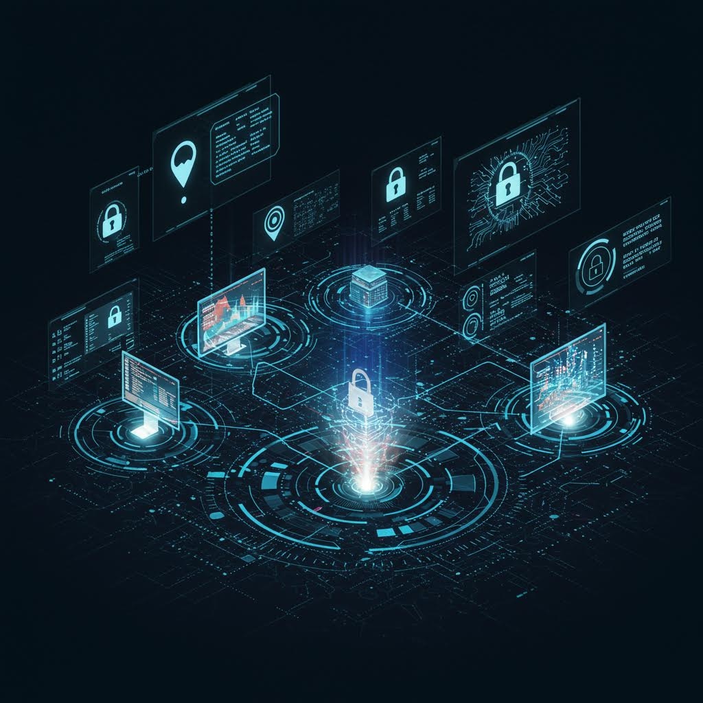 온카스터디 사이버 보안 허브: 중앙 잠금 아이콘에서 방사형으로 뻗어나가는 홀로그램 패널과 데이터 흐름 구조.