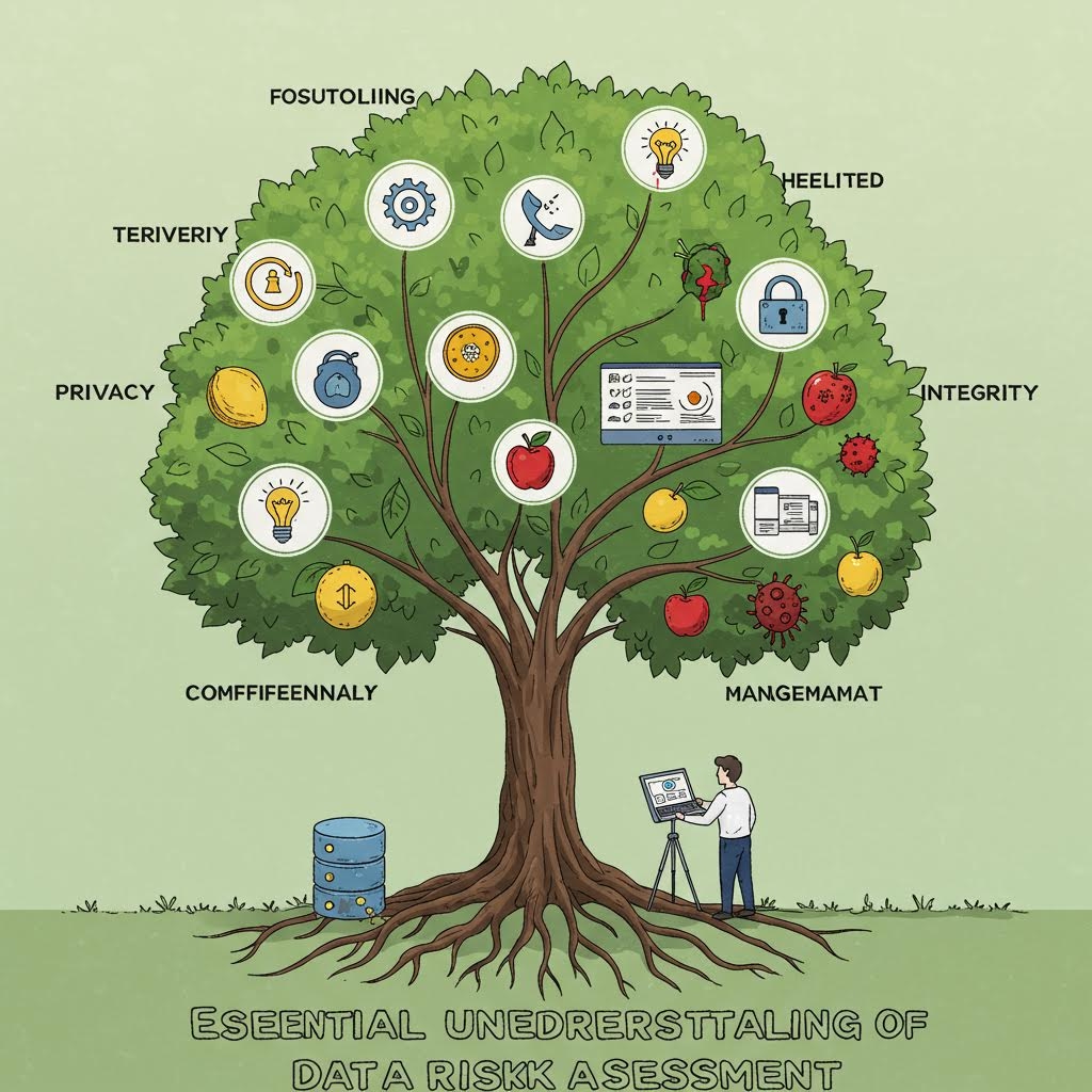 데이터 리스크 관리 요소(보안, 무결성, 프라이버시, 모니터링 등을 상징하는 아이콘)가 나무 구조로 표현된 데이터 리스크 이해도 일러스트