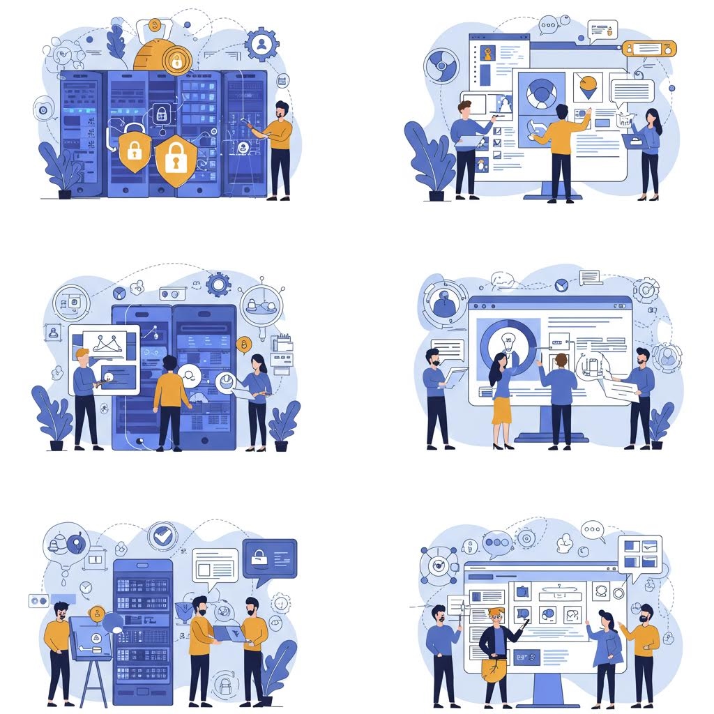 6개 일러스트: 서버 보안·데이터 분석·모바일 동기화·투명 대시보드·공유·소통 등, 블록체인 기반 투명 시스템 프로세스를 보여주는 단계별 이미지.