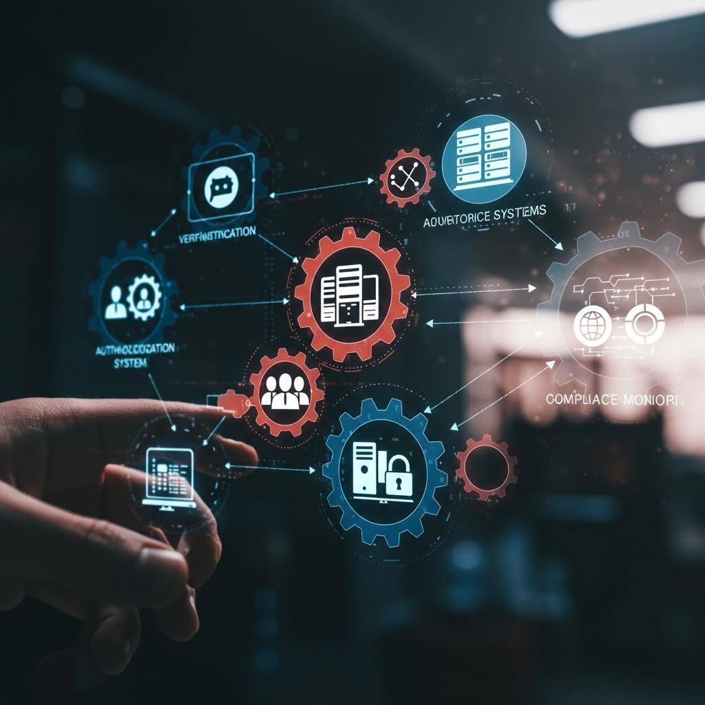 온카스터디 컴플라이언스 시스템: 손가락 터치로 작동하는 기어 연결된 인증, 검증, 모니터링 프로세스 다이어그램.