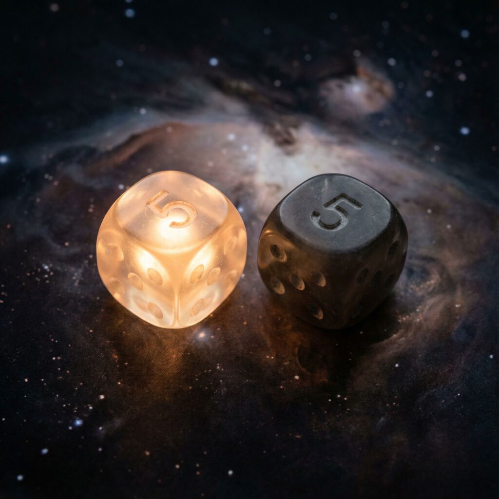 우주를 배경으로 한 쌍의 주사위 중 하나는 부드러운 빛을 내고 다른 하나는 어둡게 멈춰 있습니다.