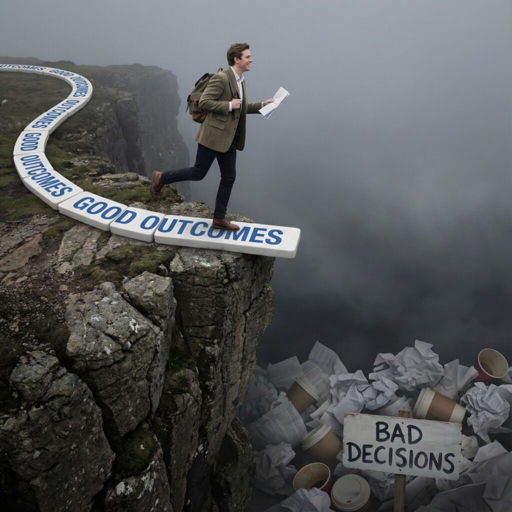 한 사람이 '좋은 결과'라고 적힌 도미노 길을 자신 있게 밟고 있지만, 그 길은 실제로 '나쁜