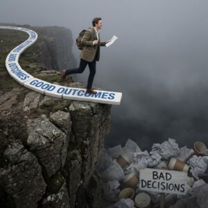 한 사람이 '좋은 결과'라고 적힌 도미노 길을 자신 있게 밟고 있지만, 그 길은 실제로 '나쁜