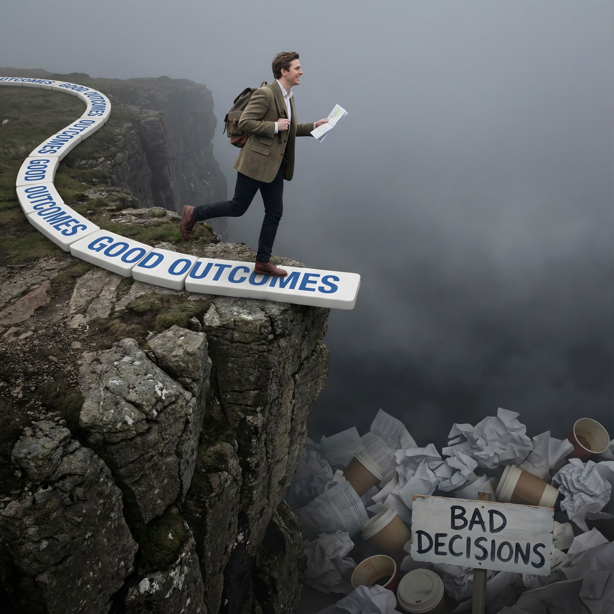 한 사람이 '좋은 결과'라고 적힌 도미노 길을 자신 있게 밟고 있지만, 그 길은 실제로 '나쁜