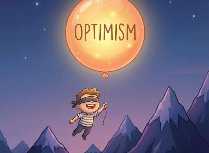 밝게 빛나는 과도하게 부풀어진 낙관이라는 글씨 풍선이 뾰족한 산봉우리 쪽으로 날아가고, 그 끈은