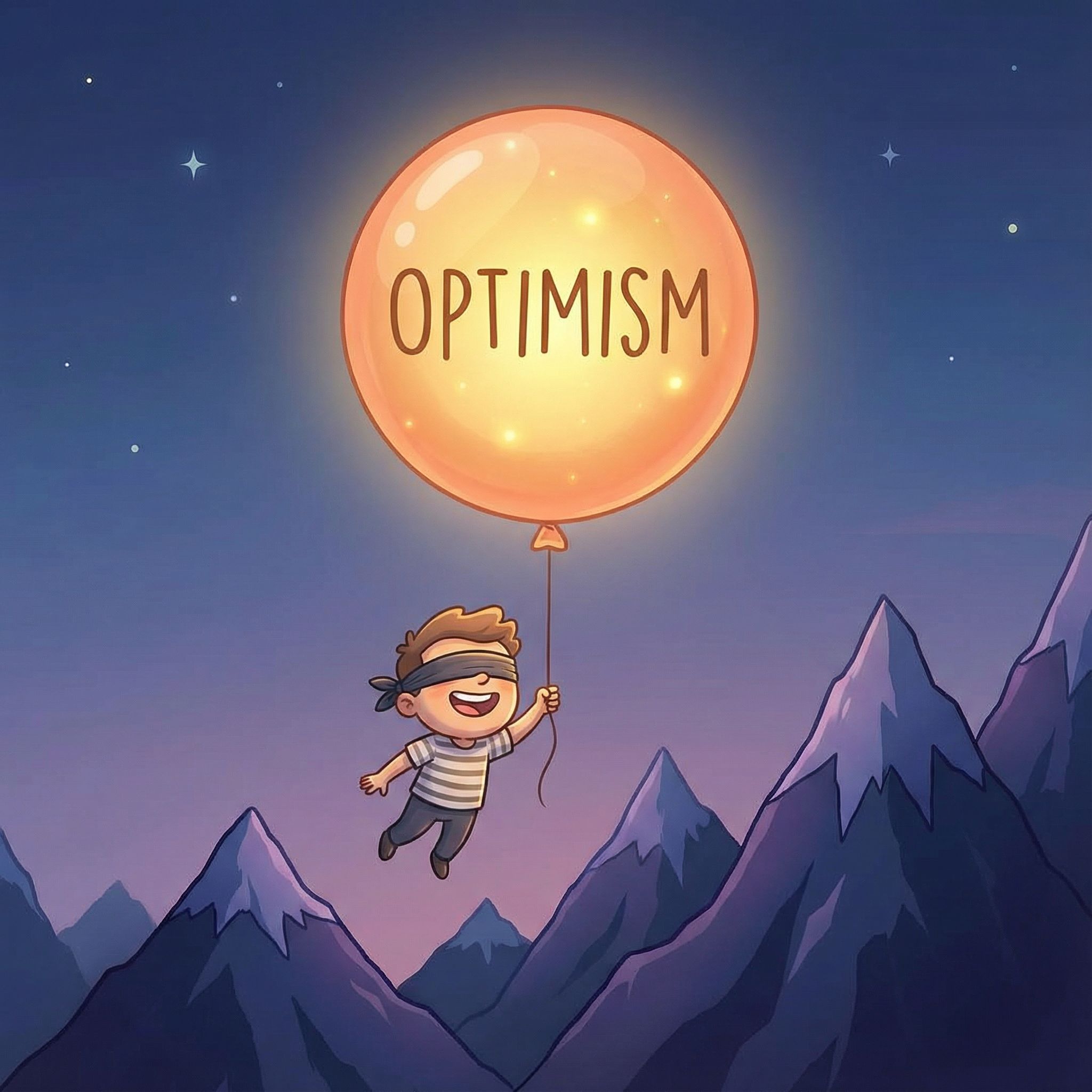 밝게 빛나는 과도하게 부풀어진 낙관이라는 글씨 풍선이 뾰족한 산봉우리 쪽으로 날아가고, 그 끈은