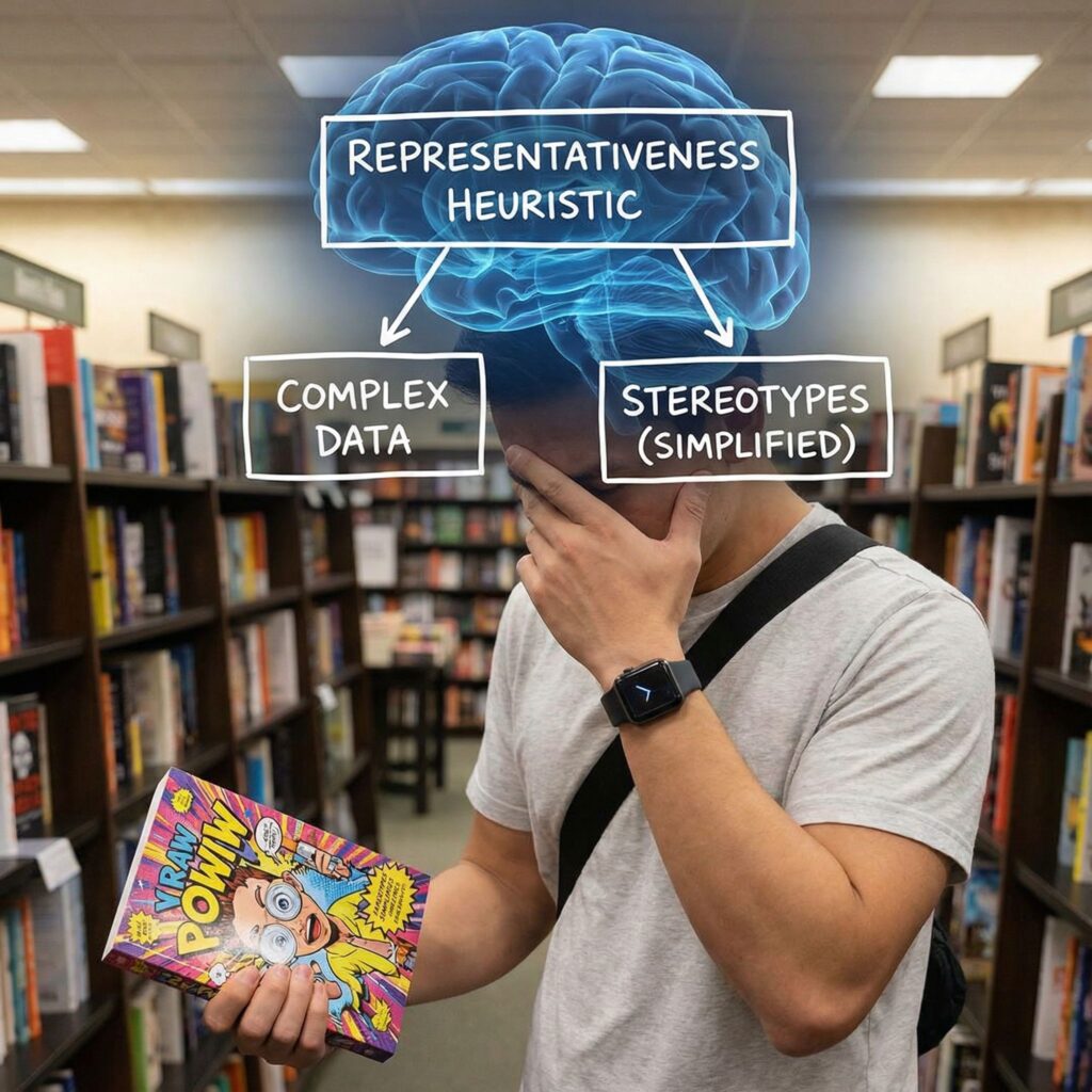 회색 배경에 책 표지를 보며 성급히 판단하는 사람과 그의 머리 속에 고정관념을 단순화하는 흐름도가 그려진