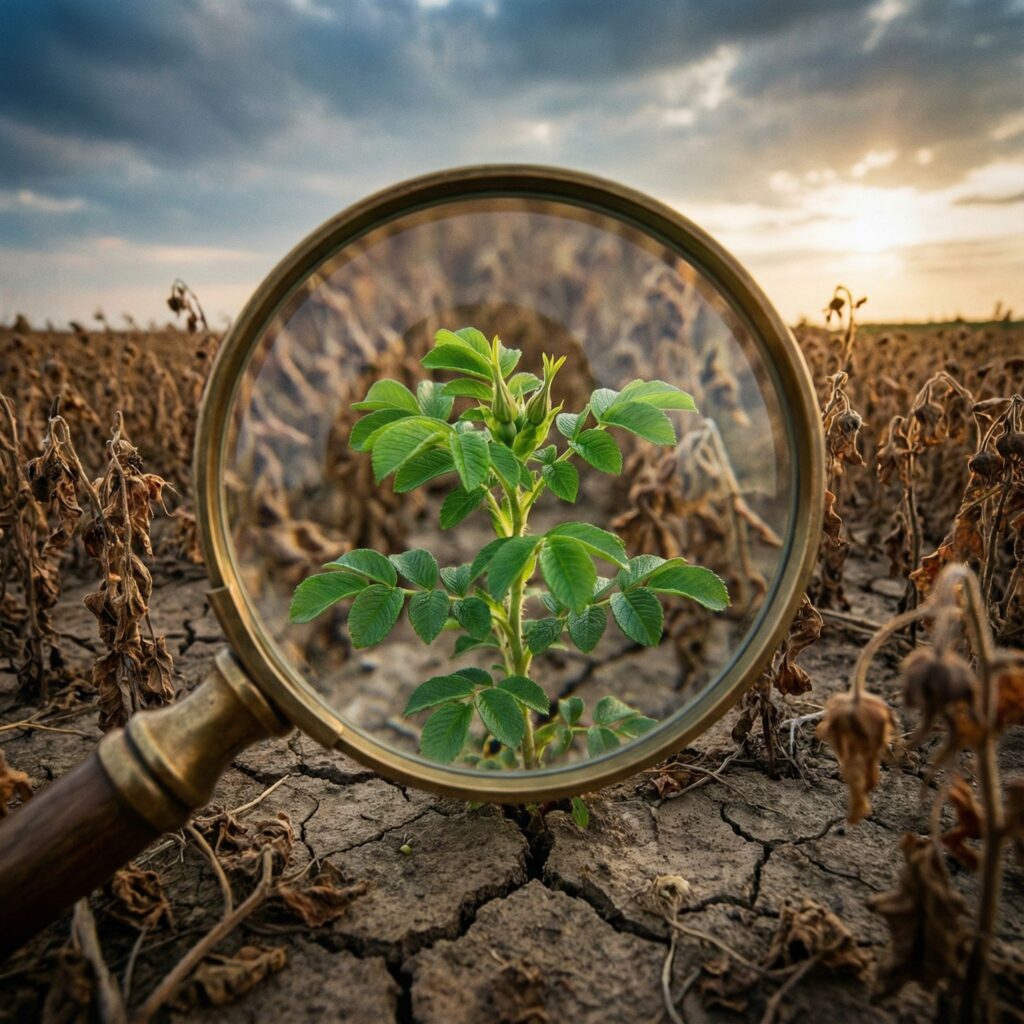 시든 식물들로 가득한 넓은 들판 한가운데 유일하게 푸른 한 포기가 돋보이고, 그 위에 확대경이 놓여