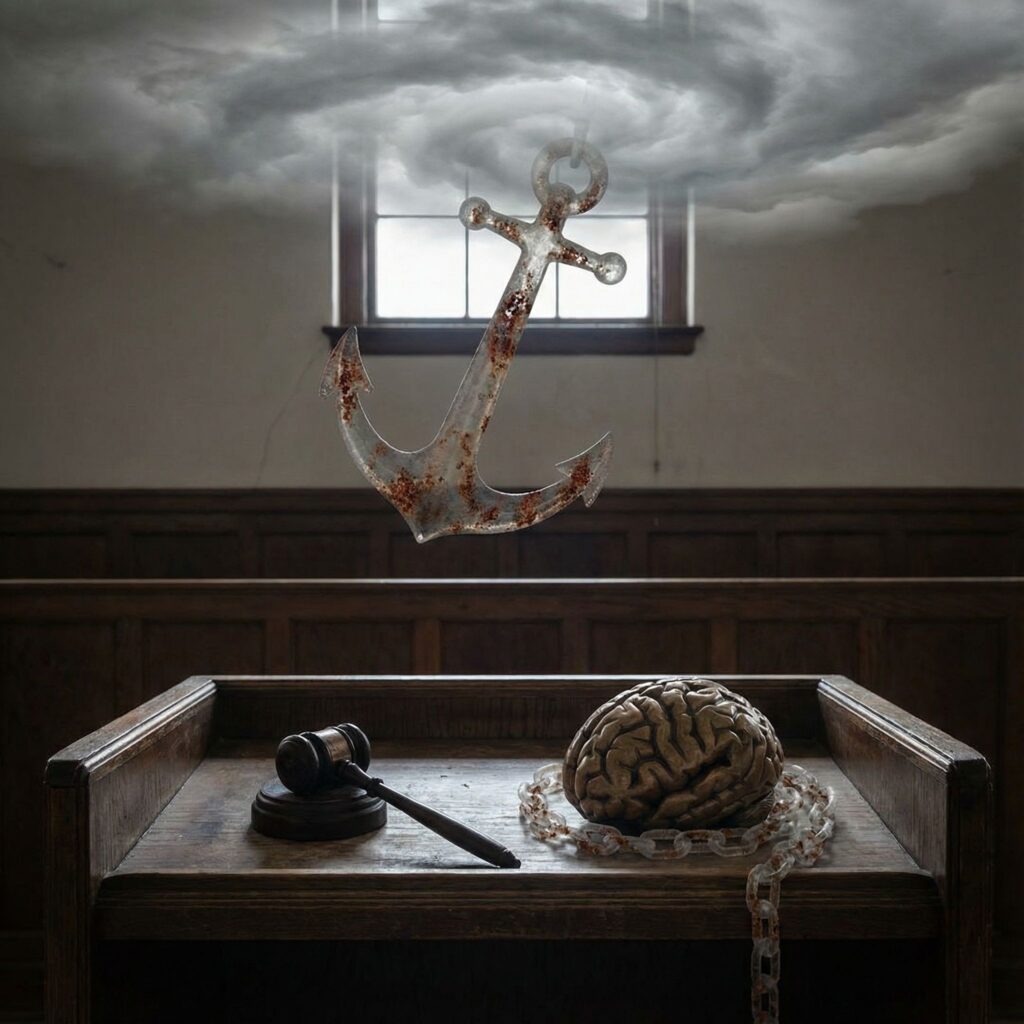 흐린 하늘에서 보이지 않는 무거운 녹슨 닻이 내려와 재판장 책상 위 인간 뇌를 사슬로 단단히 감싸고 있다.