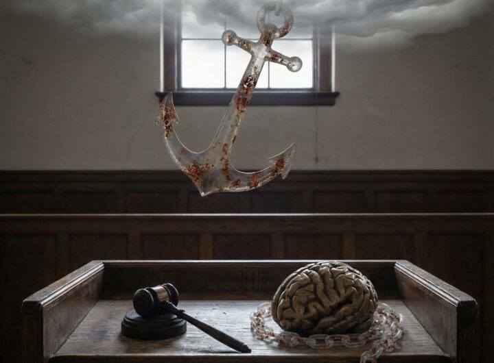 흐린 하늘에서 보이지 않는 무거운 녹슨 닻이 내려와 재판장 책상 위 인간 뇌를 사슬로 단단히 감싸고 있다.