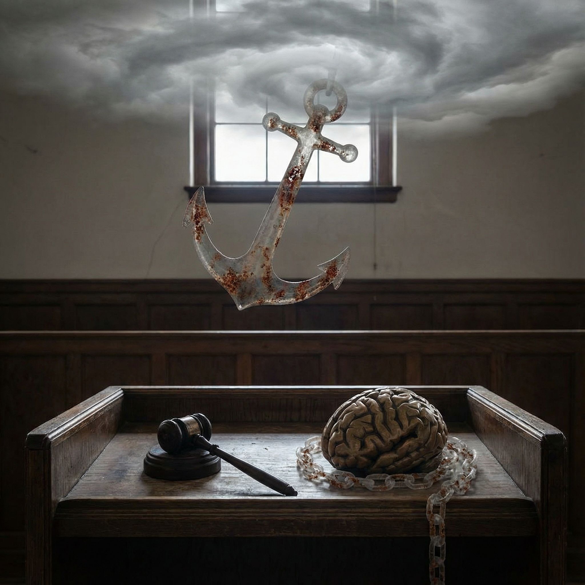 흐린 하늘에서 보이지 않는 무거운 녹슨 닻이 내려와 재판장 책상 위 인간 뇌를 사슬로 단단히 감싸고 있다.