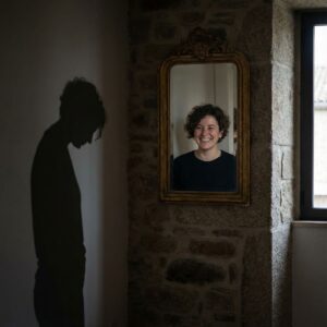 거울 속에 미소 짓는 사람과 슬픈 표정으로 고개 돌린 그림자가 대비되는 모습이다.