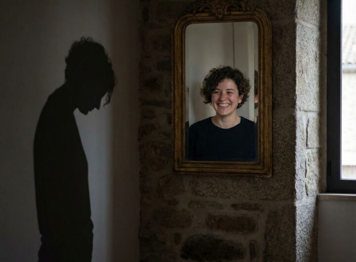 거울 속에 미소 짓는 사람과 슬픈 표정으로 고개 돌린 그림자가 대비되는 모습이다.