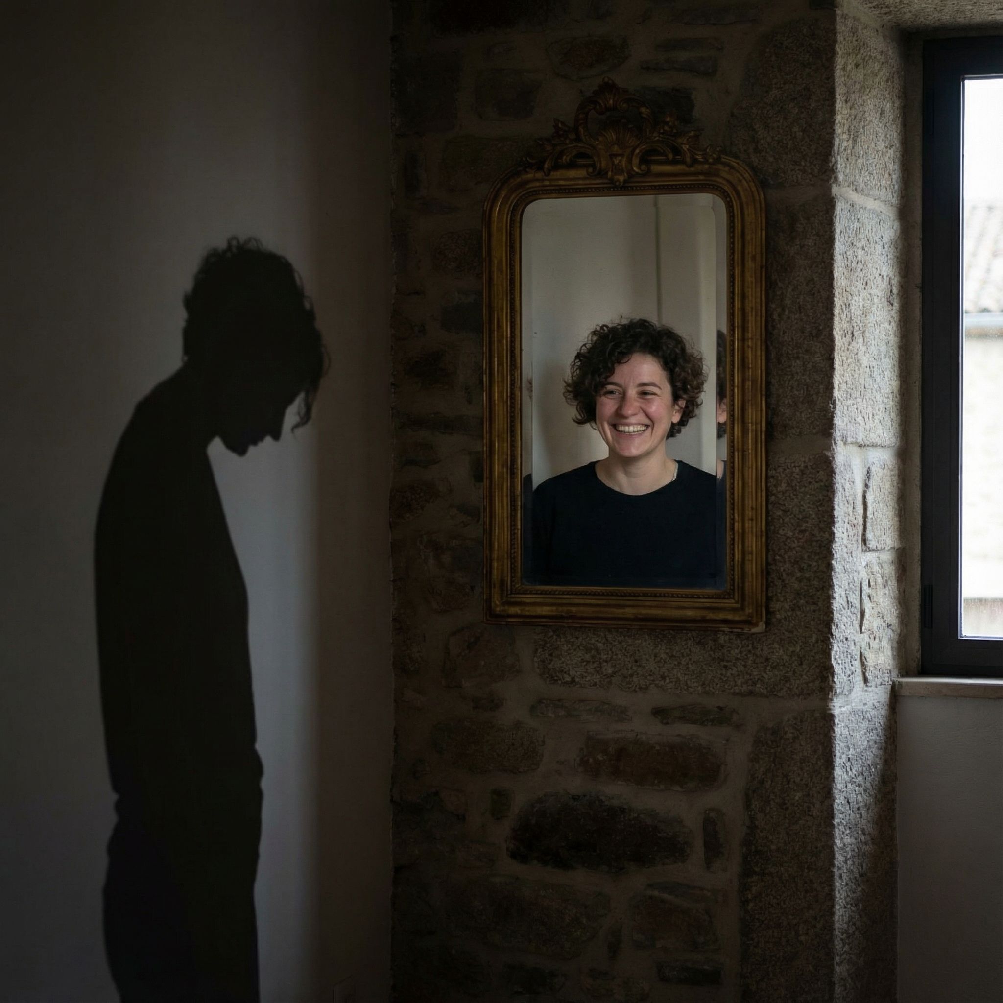 거울 속에 미소 짓는 사람과 슬픈 표정으로 고개 돌린 그림자가 대비되는 모습이다.