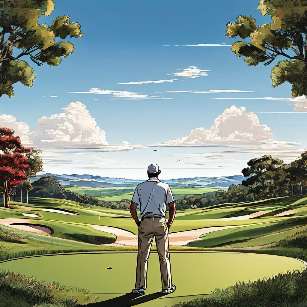 골퍼가 티 박스에 서서 각기 다른 두 개의 스코어카드를 바라보며 풍경 속으로 갈라지는 두 갈래 길을 응시하는 모습이다.