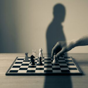 검은색과 흰색 체스판 위에 드리운 그림자가, 말을 잡으려는 손의 움직임을 은유적으로 방해하는 미니멀리즘