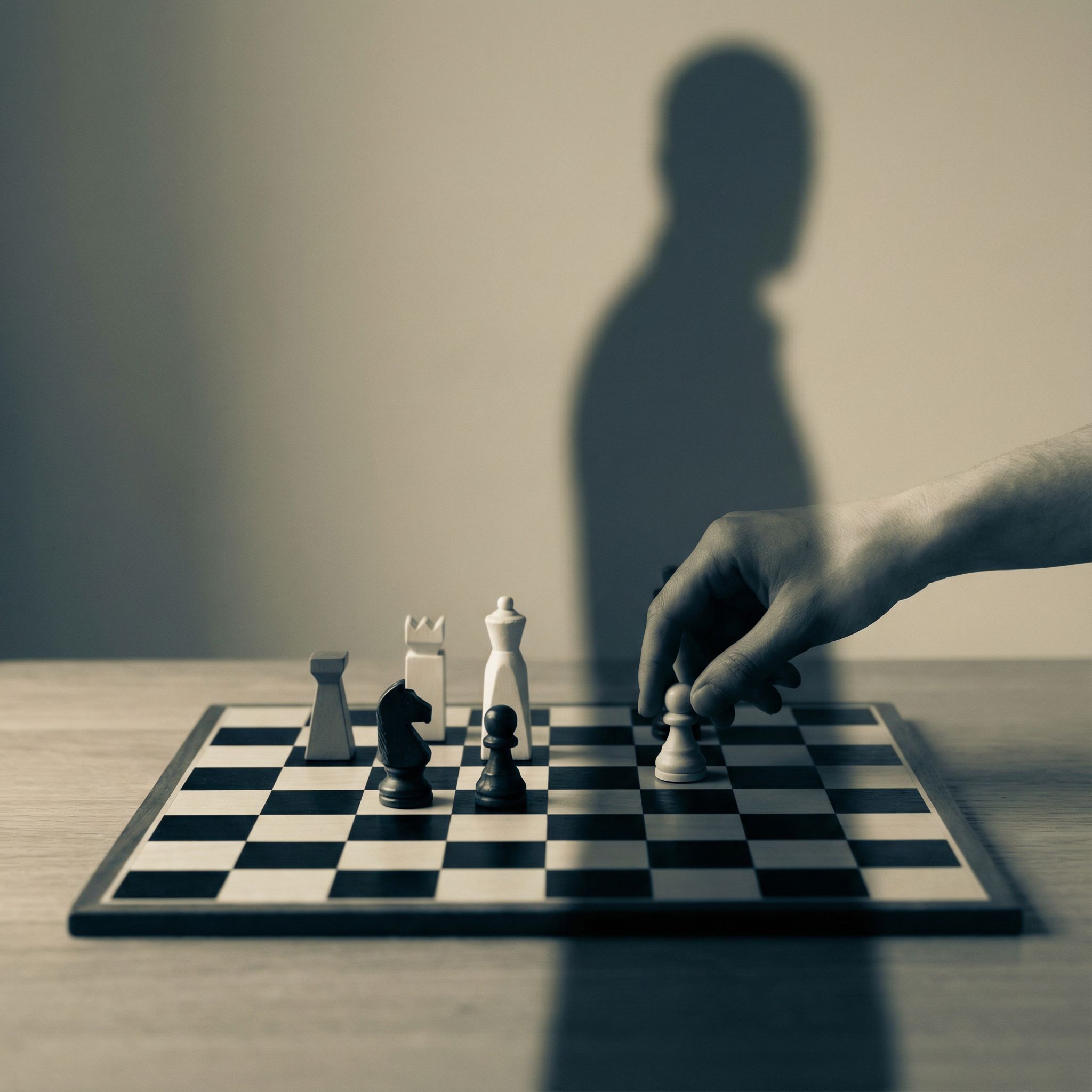 검은색과 흰색 체스판 위에 드리운 그림자가, 말을 잡으려는 손의 움직임을 은유적으로 방해하는 미니멀리즘