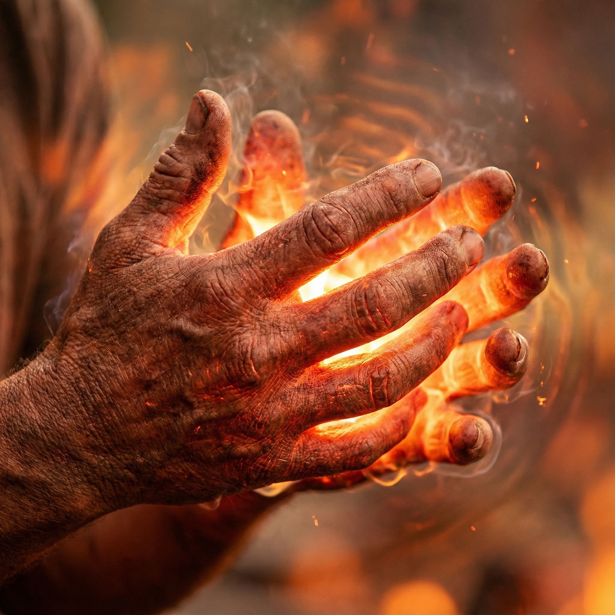 강렬하게 빛나며 열기를 발산하는 사람의 손과 그 위로 공기가 일그러져 흔들리는 모습을 클로즈업한 장면이다.