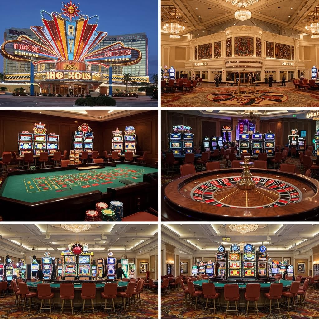 대형 카지노 내부의 룰렛 테이블, 슬롯머신 구역, 화려한 로비 등이 포함된 전통적인 카지노 인테리어 전경
