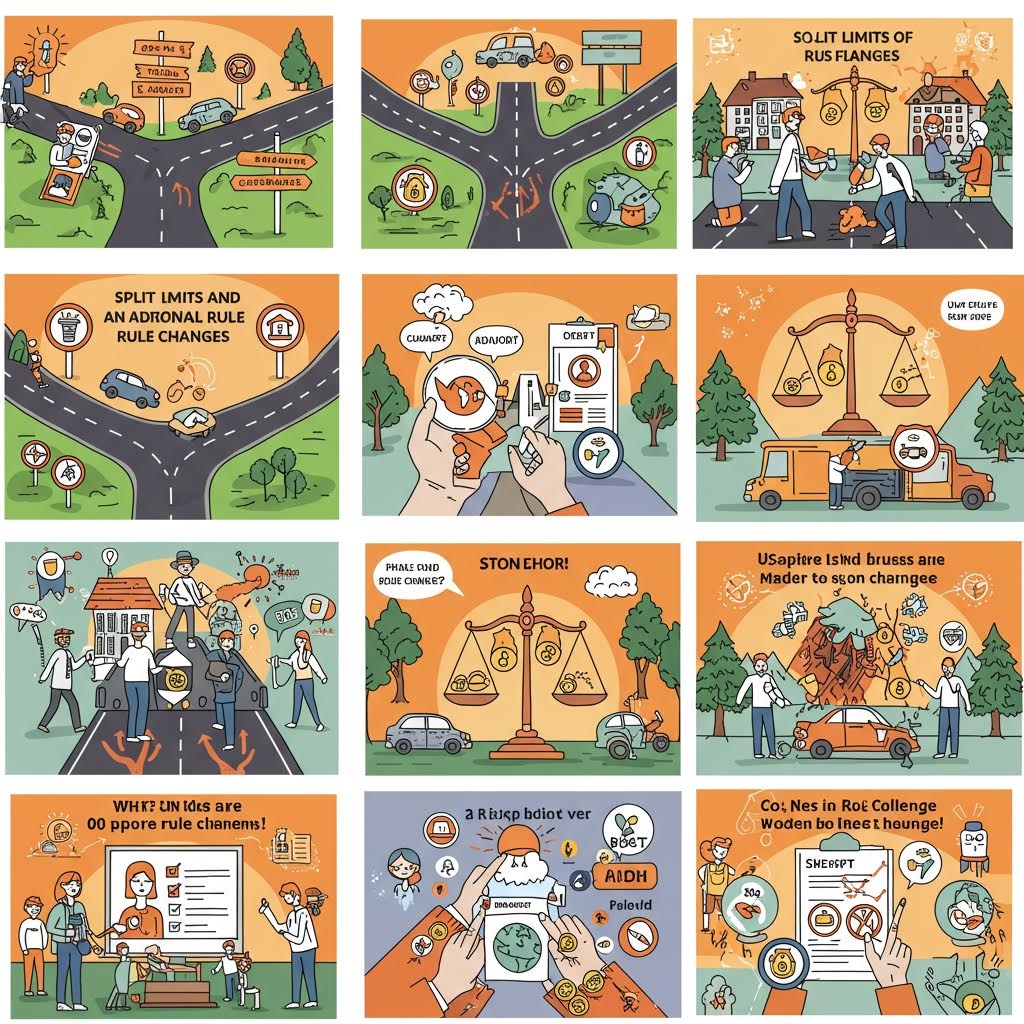 도로 규칙 변화와 안내 표지, 균형 저울을 상징적으로 표현한 일러스트로, 제도 개편 및 규칙 적용 과정을 시각적으로 설명한 이미지