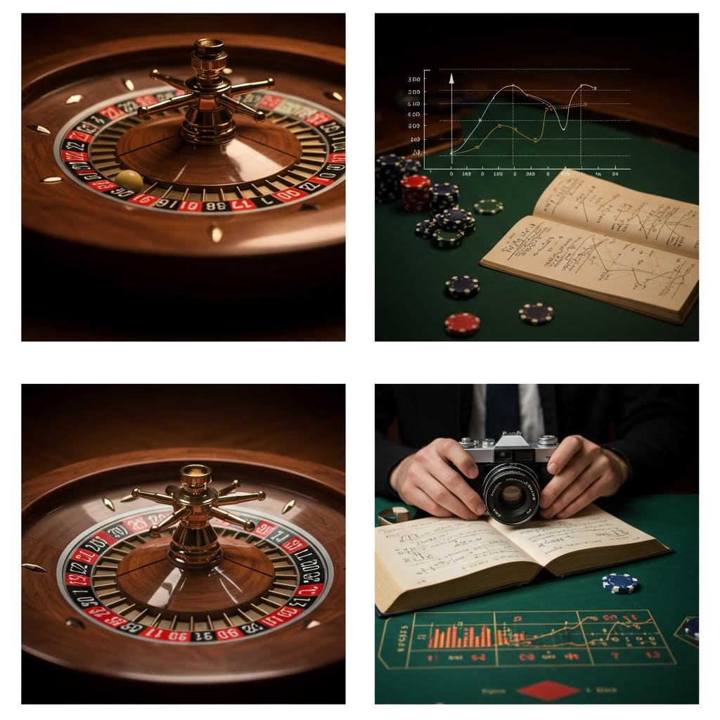 룰렛 테이블과 함께 수치가 기록된 노트, 그래프 화면, 분석을 위해 카메라를 들고 관찰하는 사용자의 모습이 담긴 데이터 기록 장면