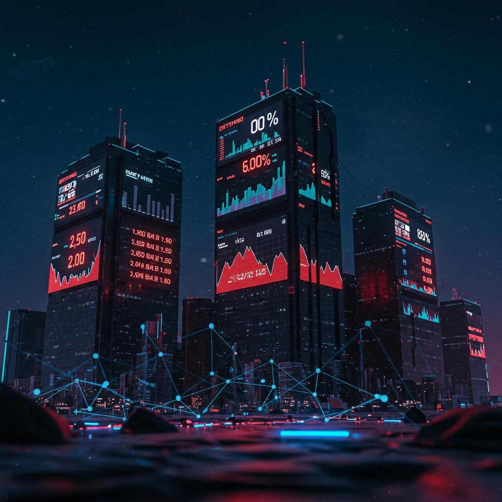 도시의 초고층 빌딩 외벽에 주가 그래프와 금융 지표가 실시간으로 표시된 사이버펑크 스타일 금융 도시 이미지