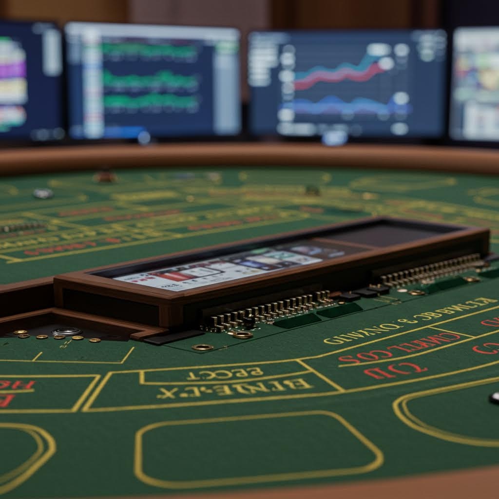 테이블 게임 표면 위에 전자 장비가 놓여 있고, 뒤편 모니터에는 실시간 그래프와 게임 데이터가 표시된 분석 화면이 보이는 장면