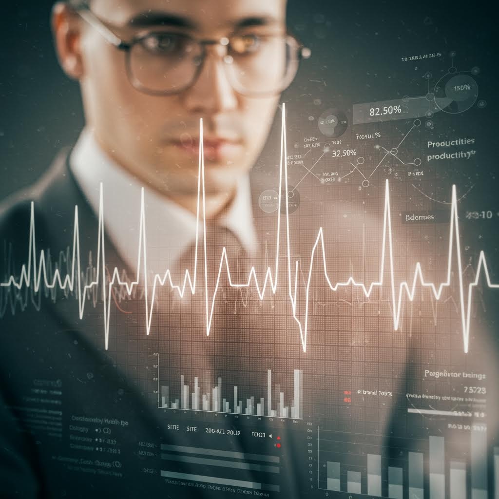 데이터 분석가 뒤로 심전도 형태의 라인 그래프와 생산성 통계가 겹쳐 보이는 디지털 분석 화면
