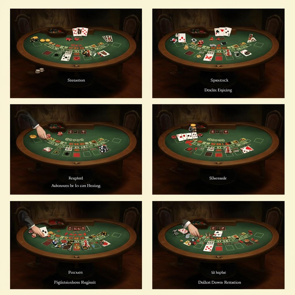 딜러가 다양한 카드 게임 상황을 시연하며 테이블 위에 배치된 카드와 칩, 게임 진행 단계를 보여주는 장면