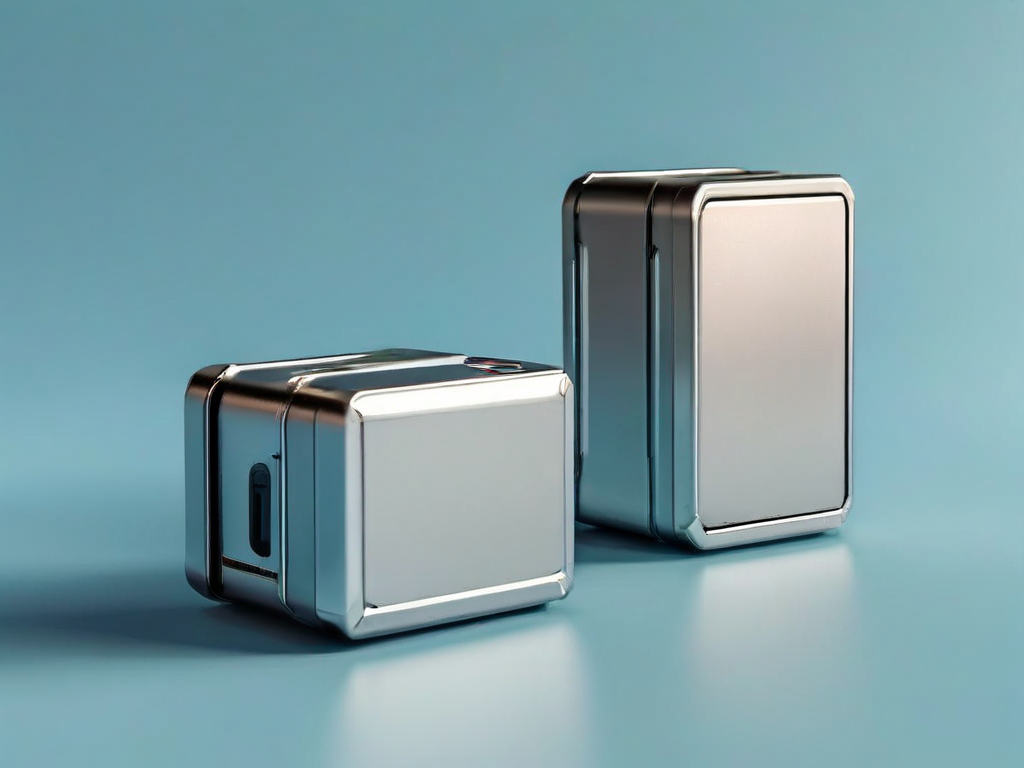 Brushed metal surface holds a portable storage drive, stacked blank data blocks, and a small capacity gauge prop, suggesting...