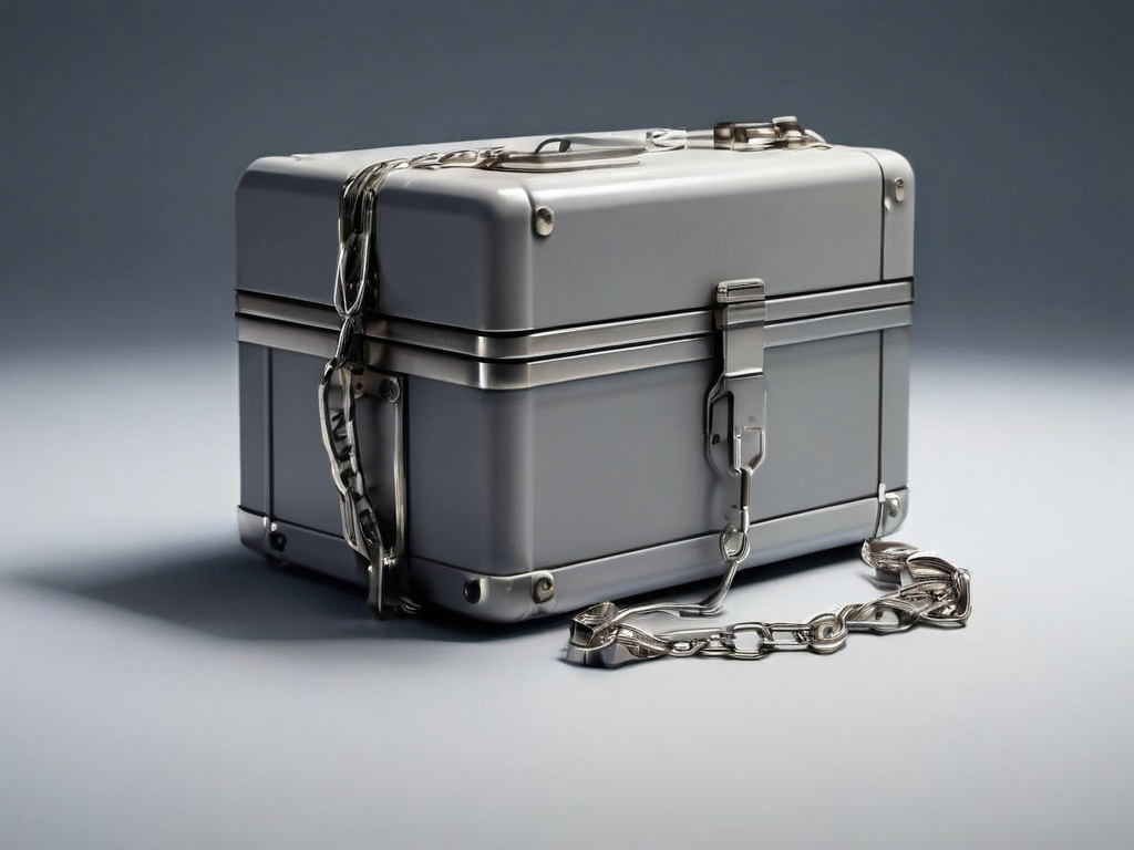 Metal storage case with chain and three small concrete blocks on gray surface.