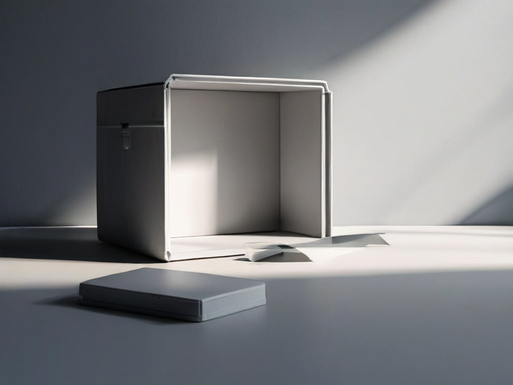 Sealed archive box with removal slot and empty storage tray on matte gray surface, soft side light, clean shadows.